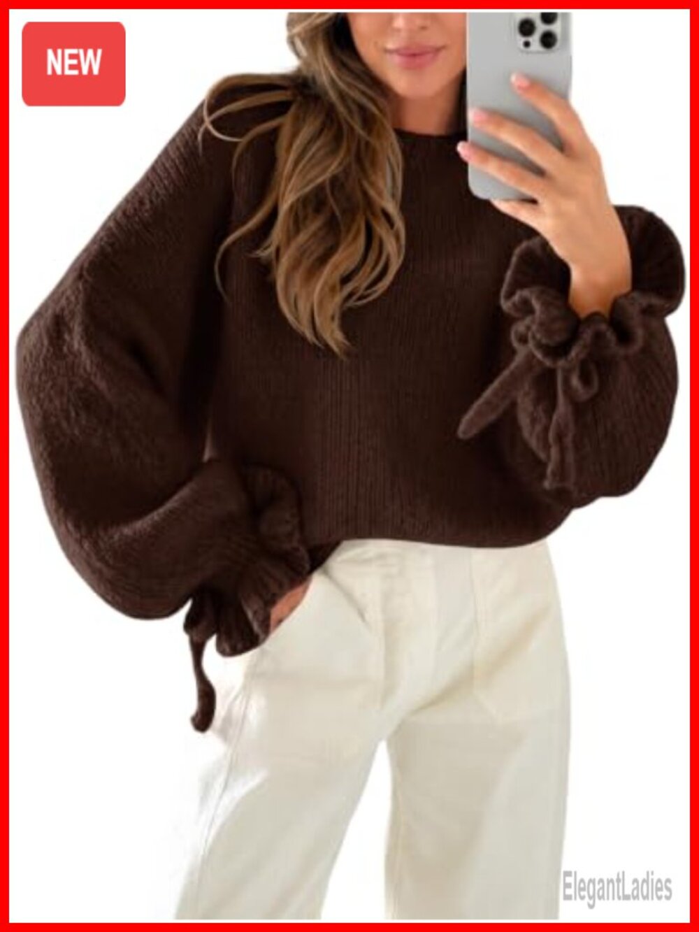 Oversized Chunky Knit Ruffle Sleeve Sweater Crew Neck Pullover Fall Top